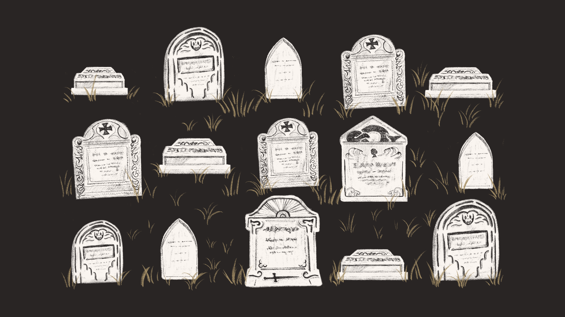 Illustration of various decorated tombstones