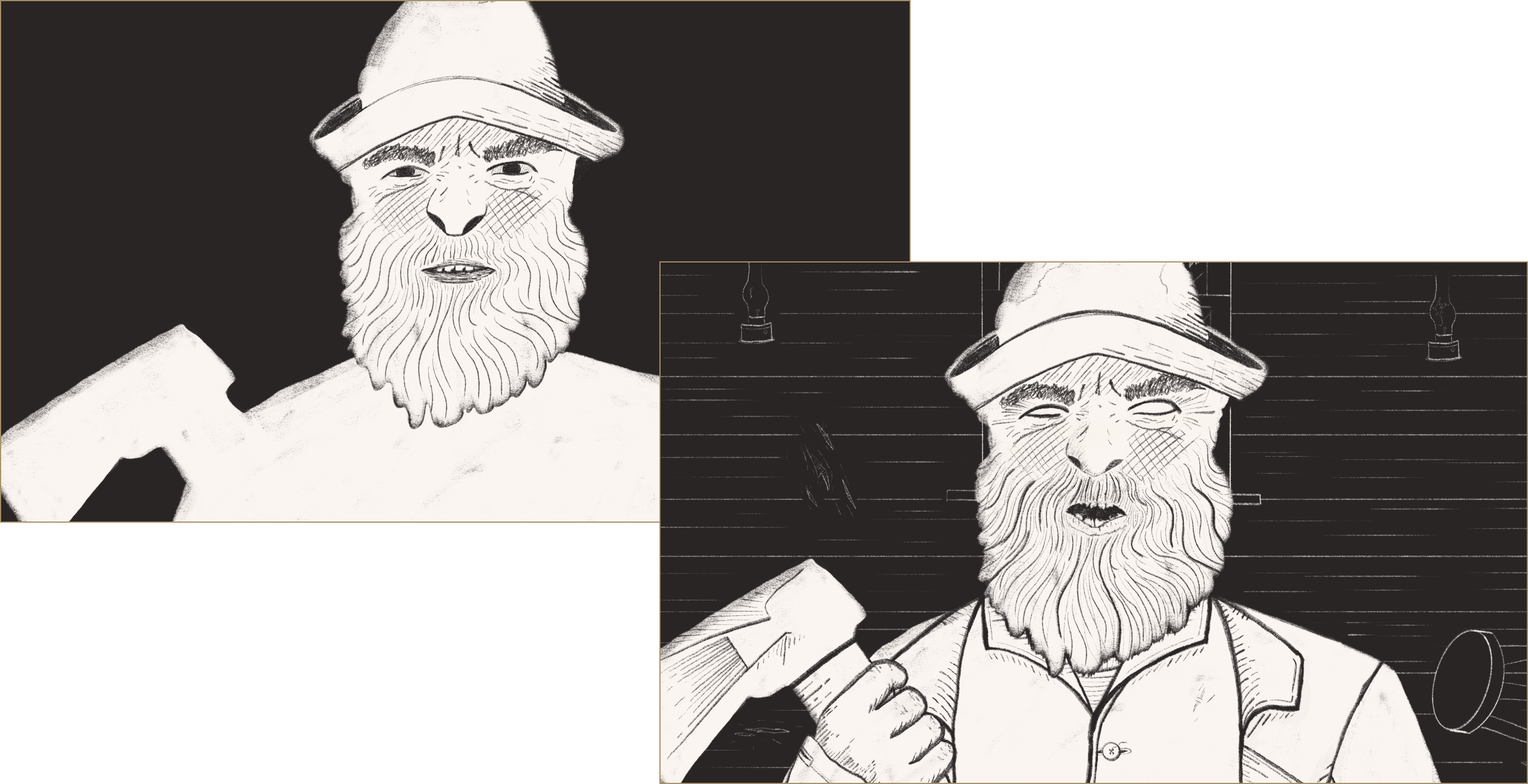 two images showing the progression of the character design for the lighthouse keeper