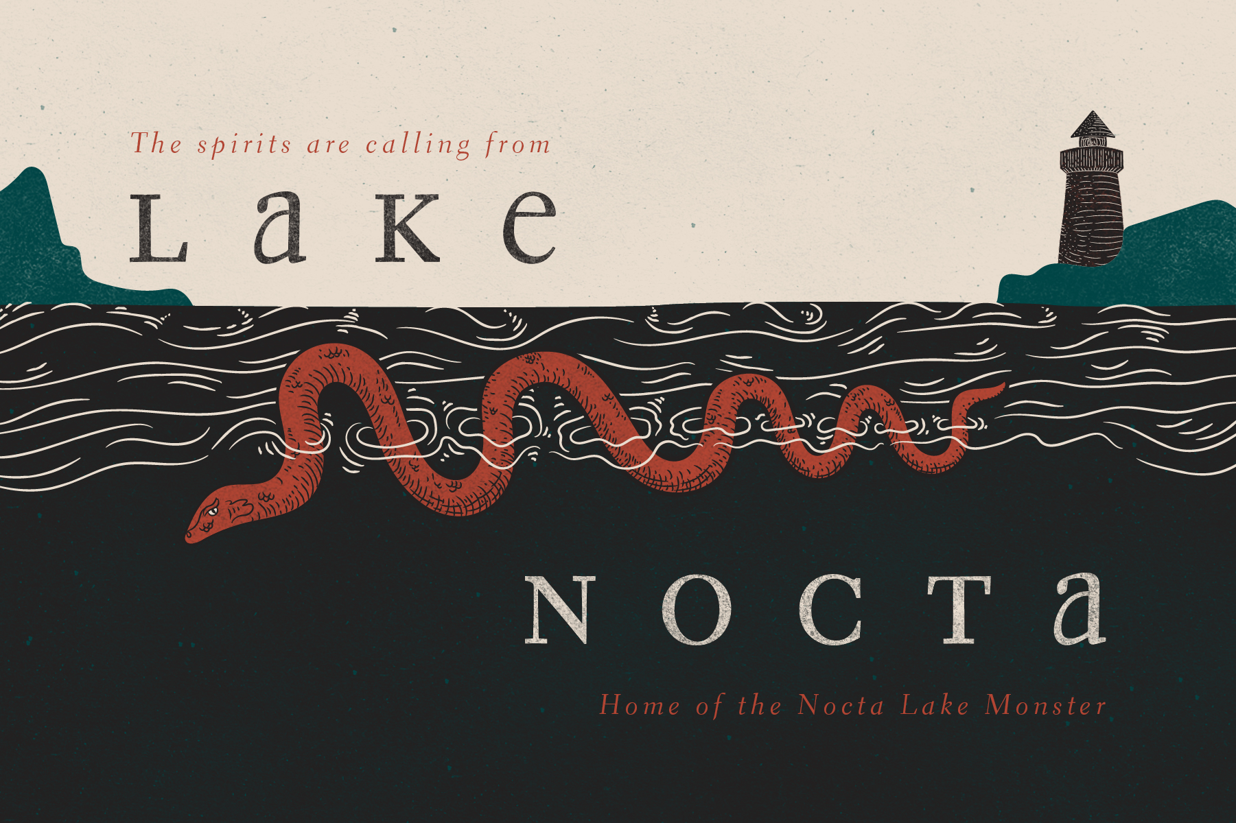 A postcard depicting a red sea monster in a deep lake that says: The spirits are calling from Lake Nocta, Home of the Nocta Lake Monster